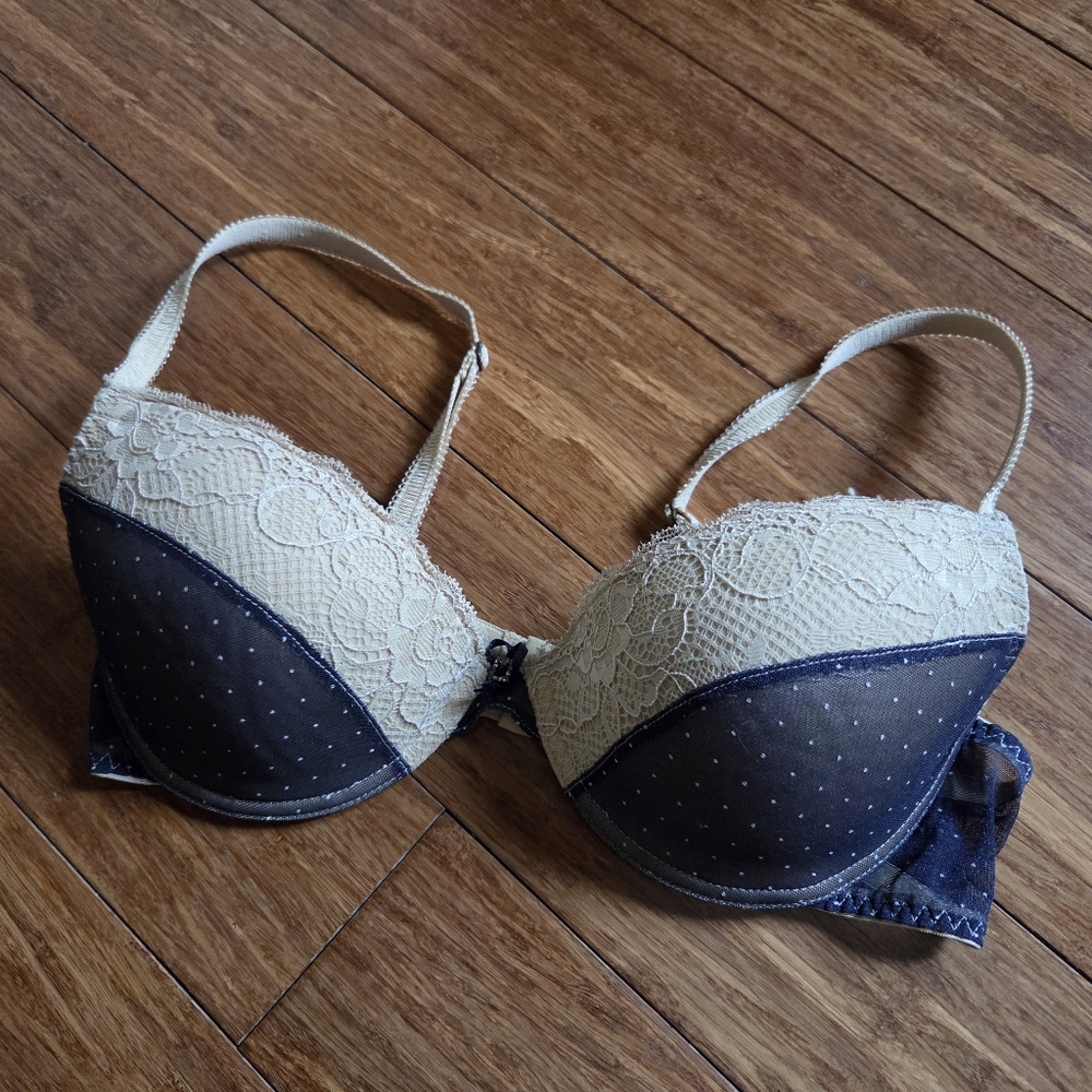 Blush Lace & Mesh Bra 32D Nude & Navy Polka Dot Underwire Lingerie